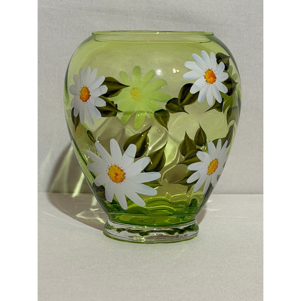 Teleflora‎ Gift Green Glass Vase Hand Painted Daisy Floral Round Optic Design